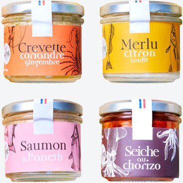 4er-Set Fischaufstriche französisch 4 × 90 g - Garnele, Seehecht, Lachs & Tintenfisch, zart-cremig, mediterran, handwerk...