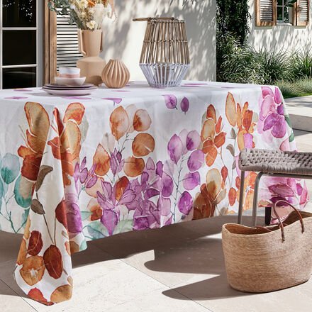 Tischdecke Bougainvillea Design 110 x 110 cm - 100 % Leinen, handgefertigt, strapazierfähig, reißfest, pink & orange, me...