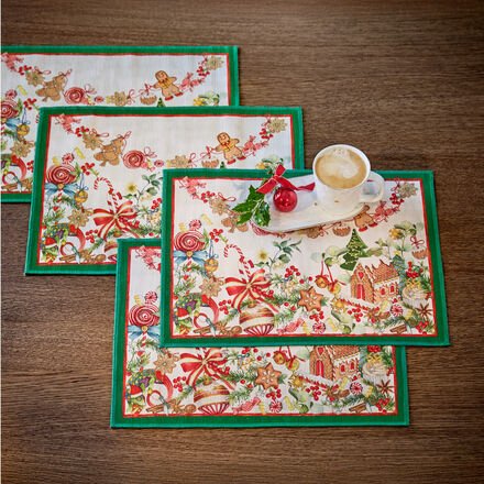 Tischsets "Weihnachtsleckereien" 2 Stück - 100 % Leinen, Weihnachtsmotiv in klassischen Farben auf Weiß, 37/48 cm, itali...