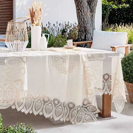 Tischdecke ca. Ø 178 cm, Natur, aus feiner Spitze, romantische Tischdecke für drinnen und draußen, Vinyl, strapazierfähi...