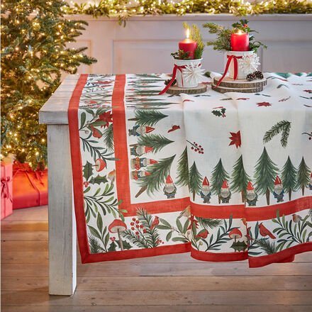 Tischdecke "Weihnachtswald" - 100 % Leinen, Weihnachtsmotiv Rot/grün auf Weiß, 170/360 cm, italienische Manufakturfertig...