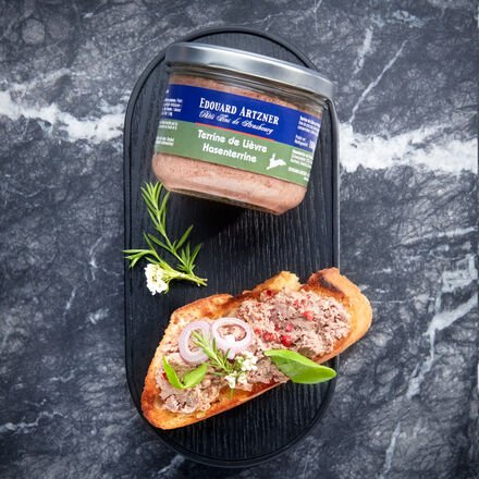 Hasenterrine mit Pinot Noir 180 g - 20 % Hasenfleisch, Wildterrine aus Frankreich, handwerkliche Herstellung, Rotweinnot...