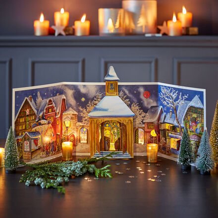 Papier-Adventskalender nostalgisch - Neuauflage von 1956, 69 x 22 cm, 2-fach ausklappbar, transparente Fensterbilder, de...