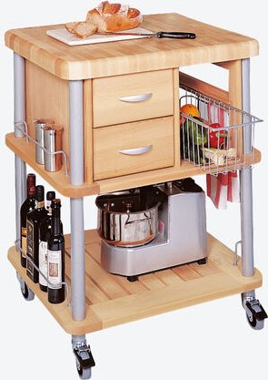 Kleines Küchenzentrum - Buche/Chromstahl, 68 x 60 x 90 cm, vormontiert, nach Größe mit 1-2 Schubladen & 2 Körben, Reling...