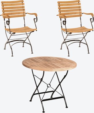 Gartenmöbel Teak Gusseisen Set 1: Tisch ø 90 cm + 2 Stühle