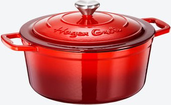 Hagen Grote Gusseisen-Bräter rund 4,7 l - Ø 25 cm, H 12 cm, Rot, Emaille-beschichtet, ofenfest bis 250 °C, spülmaschinen...