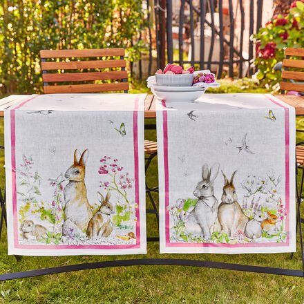 Tischläufer Hasen 45 x 170 cm, 100 % Leinen, bedruckt, Maschinenwäsche 40 °C