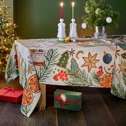 Tischdecke "Weihnachtsstimmung" - 100 % Baumwolle, bunte Weihnachtsmotive, limitierte Auflage, 180/270 cm