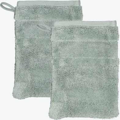 Thumbnail - Waschhandschuh 2er-Set, mit Veloursstreifen Ton-in-Ton, 100 % Baumwolle, Frottier-Velours-Qualität, flauschig und weich,...