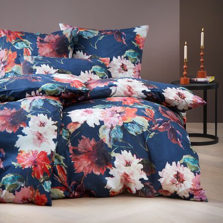 Satin-Kissenbezug Dahlia, Navy, 135 x 200 + 80 x 80 cm, 100 % Bio-Baumwolle, GOTS-zertifiziert, mit Reißverschluss, pfle...