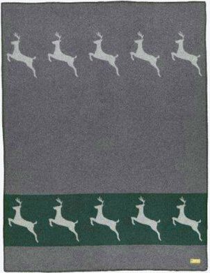 Thumbnail - Kuscheldecke mit Merinowolle - Motiv "Alpenchic "mit Hirschen, Grau/Grün, 70 % Merinowolle, 30 % Polyamid, 140/180 cm