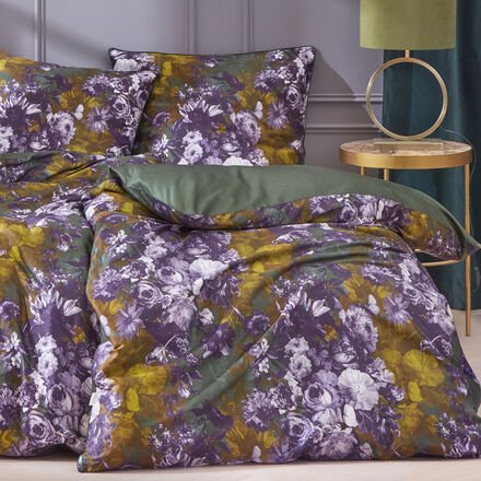 Bio-Bettwäsche Blumenbouquet, dunkelgrün/flieder, 155 x 220 + 80 x 80 cm