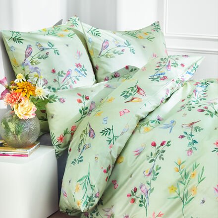 Thumbnail - 2-tlg. Satin-Bettwäsche-Set 155 x 220 + 80 x 80 cm - Vogel/Blumen-Muster, 100 % Baumwolle, OEKO-TEX® STANDARD 100, Reißv...