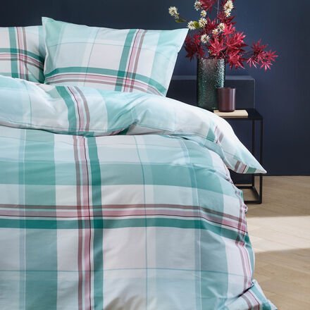 Thumbnail - Satin-Bettwäsche "Green Check" Rosa-Grün, Set Bettbezug und Kissenbezug, 155/220 + 80/80 cm, 100 % Baumwolle, OEKO-TEX® ...