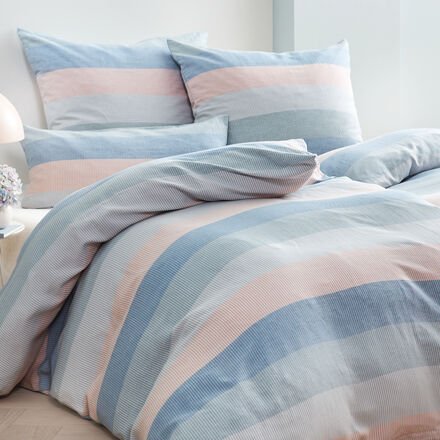 Halbleinen-Bettwäsche Blockstreifen, Blau, 155 x 220 + 80 x 80 cm, 50 % Leinen, 50 % Baumwolle, mit Reißverschluss, wasc...