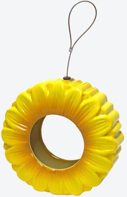 Vogelfutterhaus - Keramik, Ring in Blütendesign, Gelb, Ø 16 cm, 6 cm tief, Kordel zum Aufhängen