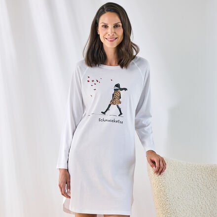 Schlafshirt "Schmusekatze", Beige/Schwarz/Weiß, Größe L, 100 % Baumwolle