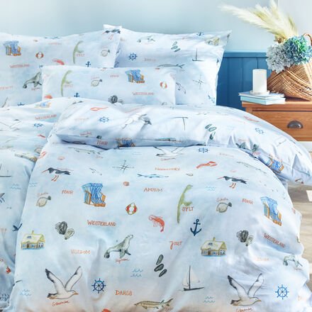 2-tlg. Satin-Bettwäsche-Set 155 x 220 + 80 x 80 cm - GOTS-zertifiziert, Nordseemotive, Bio-Baumwolle, atmungsaktiv, pfle...