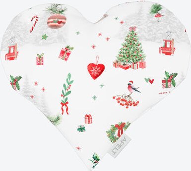 Herzkissen "Xmas" gefüllt - 25 % Baumwolle, 75 % Polyester, Weiß mit weihnachtlichen Motiven in Rot/Grün/Grau, 30/32 cm