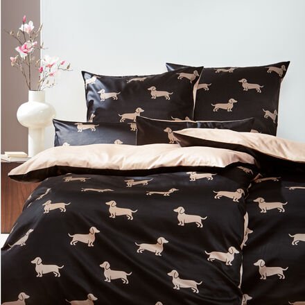 Thumbnail - Dackel-Bettwäsche Ludwig - 155/220 + 80/80 cm, Schwarz/Beige, 100 % Baumwolle, Mako-Satin