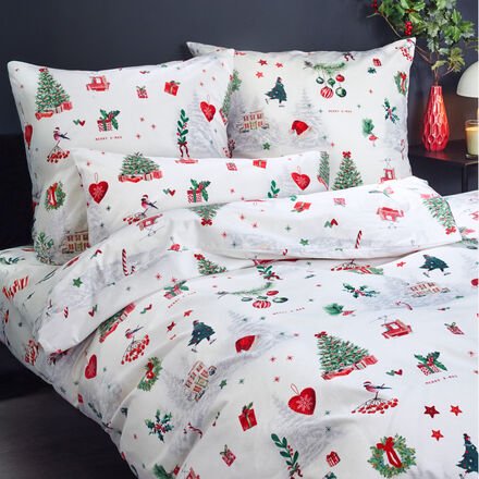 Thumbnail - Flanell-Bettwäsche "Christmas Tree" - 135/200 + 80/80 cm, nostalgisches Motiv, Rot/Grün, 100 % Baumwolle