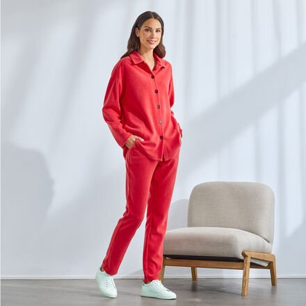 Damen-Hausanzug - Fleece, 70 % Polyester, 30 % Viskose, Korallenrot, Größe: 42