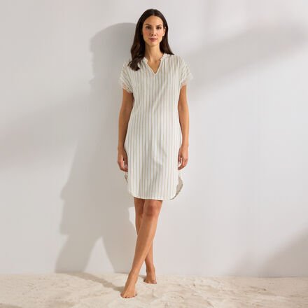 Damen-Kurzarm-Nachthemd - Größe 38, 50 % Baumwolle, 50 % Modal, Creme, Streifen Bernstein