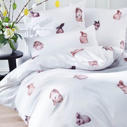 2-tlg. Seiden-Satin-Bettwäsche-Set 135 x 200 + 80 x 80 cm - Süßes Hasenmuster, 100 % Baumwolle, atmungsaktiv, maschinenw...