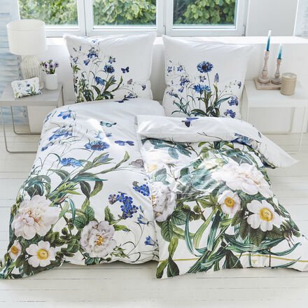 Wende-Bettwäsche Blaue Blüten, Bio-Baumwolle, 135 x 200 + 80 x 80 cm
