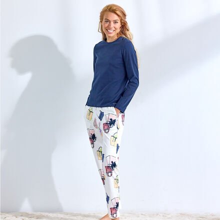 Damen-Pyjamahose - Buntes Handtaschenmuster, 47 % Baumwolle, 47 % Modal, 6 % Elasthan, Maschinenwäsche 40 °C, Größe XL