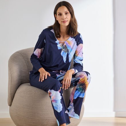Pyjama mit Blütendekor, Navy, Größe 40, 100 % Baumwolle