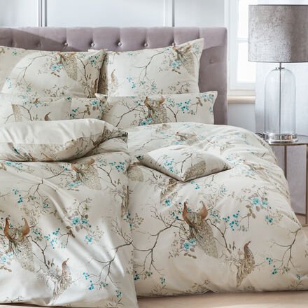 Satin-Bettbezug Pfau, natur/türkis, 155 x 220 cm