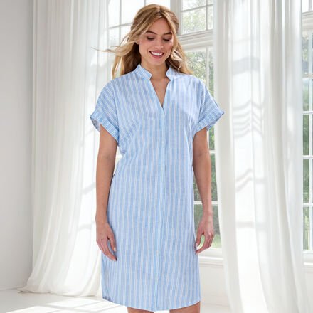Thumbnail - Damen-Nachthemd Sommer - Hellblau-Weiß gestreift, Baumwoll-Modal-Mix, legerer Schnitt, Knopfleiste, OEKO-TEX® STANDARD 1...