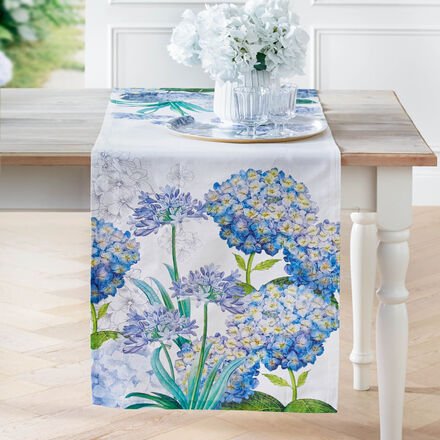 Tischläufer 45/170 cm - Motiv blaue Hortensien, 50 % Leinen, 50 % Baumwolle, naturfarben, französisch elegant, Maschinen...
