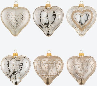 6er Set Christbaumschmuck, Herz Creme/Gold, klein, Ø 6 cm