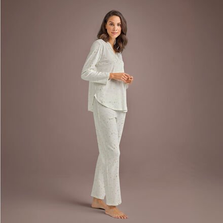 Damen Pyjama - Allover-"Stern"enmuster in Gold auf Creme, 100 % Baumwolle, Interlock-Jersey, Oberteil ca. 69 cm lang, Ho...