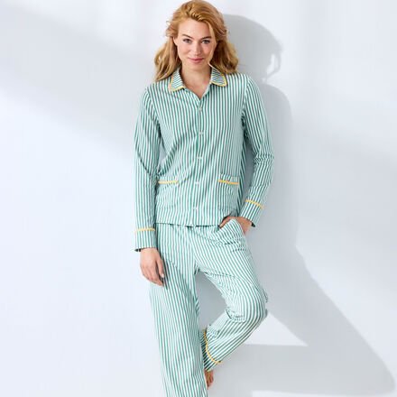 Pyjama Damen - Single Jersey aus 47 % Baumwolle, 47 % Modal, 6% Elasthan, Grün/Weiß gestreift, Rückenlänge ca. 59 cm, Ho...