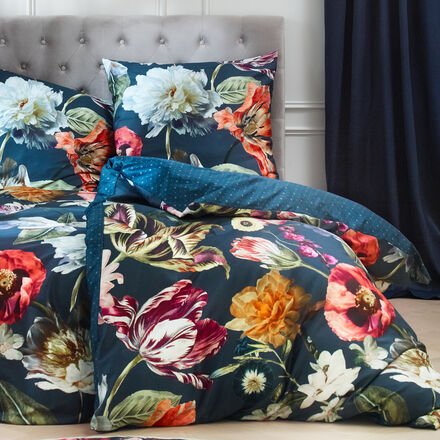 Satin-Wende-Bettwäsche Flora, 155 x 220 + 80 x 80 cm, blau