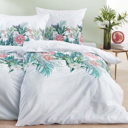 Mako-Satin Bettwäsche, Tropenblüten,155 x 220 + 80 x 80 cm