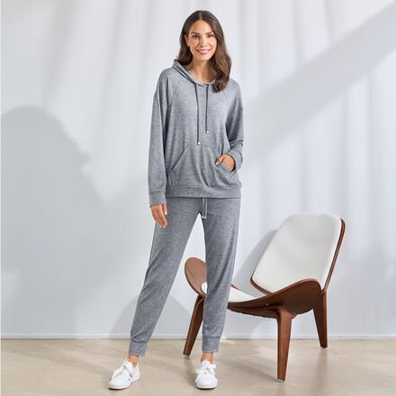 Damen-Hausanzug - Feinstrick, 75 % Viskose, 20 % Polyester, 5 % Elasthan, Grau-meliert, sportlich geschnitten, Größe XXL