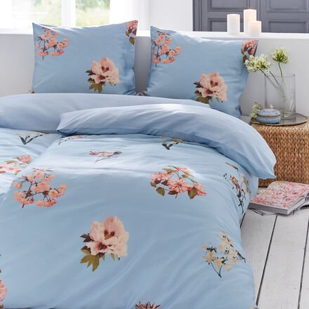 Satin-Bettwäsche Fleur, Hellblau, 135 x 200 + 80 x 80 cm