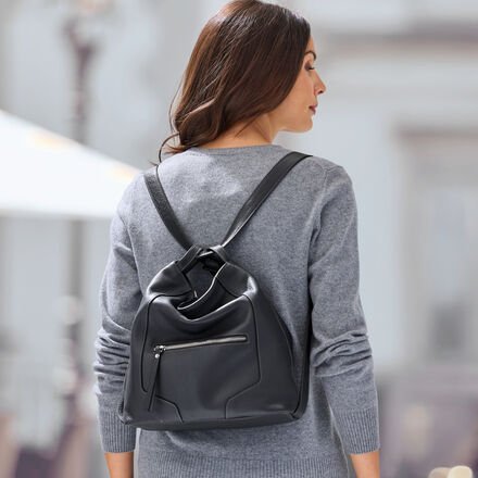 2-in-1-Damen-Handtasche und -Rucksack - Schwarzes Echtleder, silberfarbene Metallteile, Stofffutter, 31/12/28 cm (B/T/H)