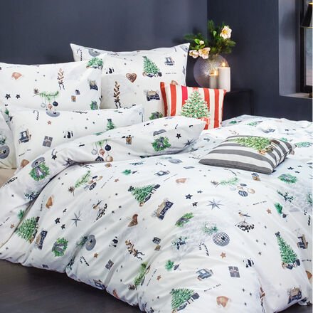 Thumbnail - Flanell-Bettwäsche "Christmas Tree" - 135/200 + 80/80 cm, nostalgisches Motiv, Grau/Grün, 100 % Baumwolle