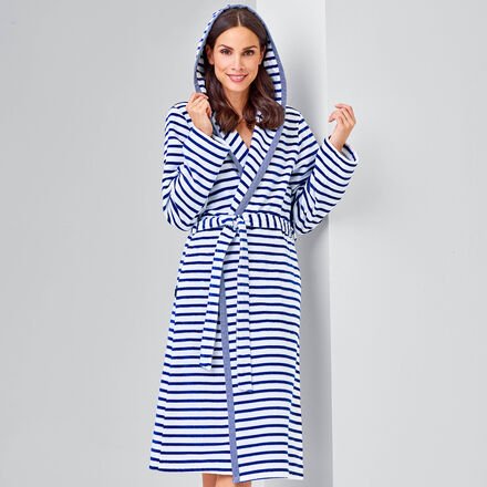 Bademantel - in leichter Velours-Qualität, flauschig weich, 100 % Baumwolle, blau-weiß gestreift, Bindegürtel dunkelblau...