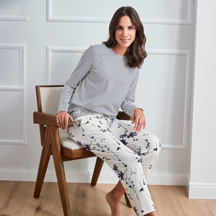 7/8 Hose zarte Blüte, Creme/Navy, Größe S