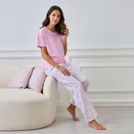 Thumbnail - Pyjamahose Webstreifen Pink-Weiß gestreift, 100 % Baumwolle, ca. 106 cm lang, Maschinenwäsche 40 °C