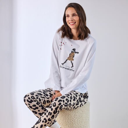 Pyjama "Schmusekatze", Beige/Schwarz/Weiß, Größe M, 100 % Baumwolle