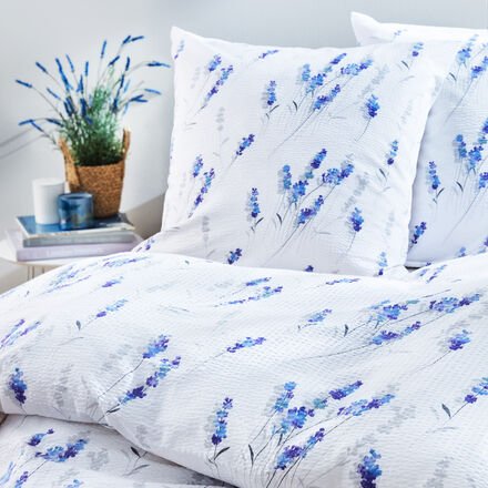 Thumbnail - Seersucker-Bettwäsche Lavendel - 100 % Mako-Baumwolle, 135/200 + 80/80 cm, Allover-Lavendelblüten auf Weiß