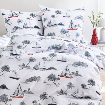 2-tlg. Seersucker-Bettwäsche-Set 155 x 220 + 80 x 80 cm - 100 % Mako-Baumwolle, Segler-Motiv, atmungsaktiv, bügelfrei, R...