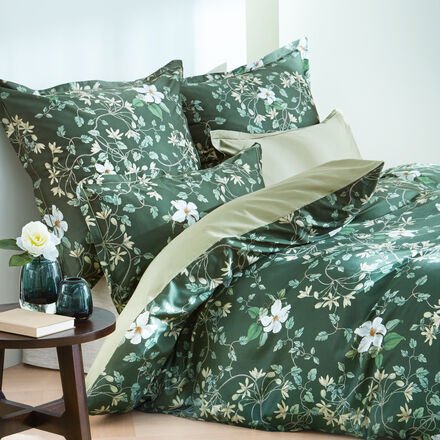 Satin Bettbezug Gardenien, Dunkelgrün, 135 x 200 cm, Reißverschluss, 100 % Baumwolle, OEKO-TEX® STANDARD 100, Maschinenw...